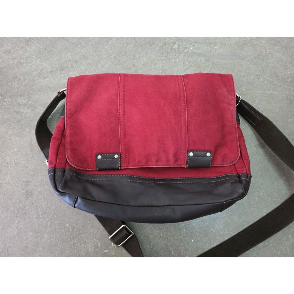 Coach Mens Red And Brown Messenger Bag Leather Trim Crossbody Laptop Travel Bag
